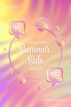 Summer sale banner. Discount percent. Mega sale special offer. Colorful sale poster. Hot sale poster. Bright warm summer iridescent colors. Orange, purple, pink, yellow. illustration. vector