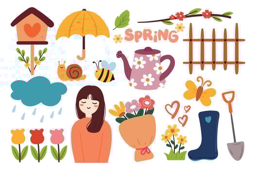 hand drawing cartoon spring sticker set. cute sticker for spring season, doodle set vector