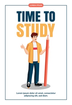 Young man with huge pencil Shows thumbs up. Education, knowledge, student concept Flyer design. Training concept banner, promo, advertising, leaflet. Time to study vector