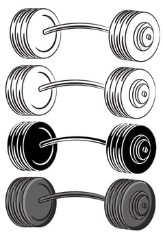 Cartoon style Weight training barbell bodybuilding equipment in black on white, white on black and colour on a white background vector