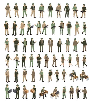 A set of human military soldiers army camouflage people ammunition veteran person war military for design and games. Isometric illustration. vector
