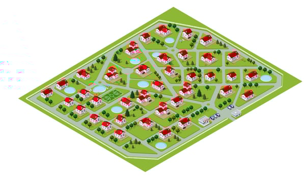 Map of the map of the cottage townhouse bungalow, residential, villa village in isometric 3D illustration view from above. View of streets, houses, plots for the construction and sale of real estate. vector