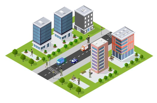 An isometric 3D illustration of a city urban scene with skyscrapers, streets, trees, and vehicles is illustrated on urban themes vector
