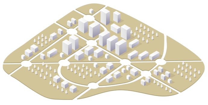 A isometric city map of an urban center is a kind of map vector