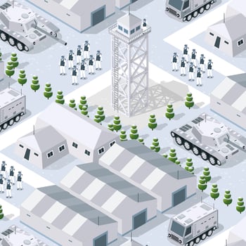 An isometric military transport base is illustrated in winter armed forces uniform. It is suitable for computer games and digital illustrations. vector