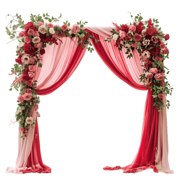 Romantic wedding arch with red and pink floral decorations isolated on a transparent background png
