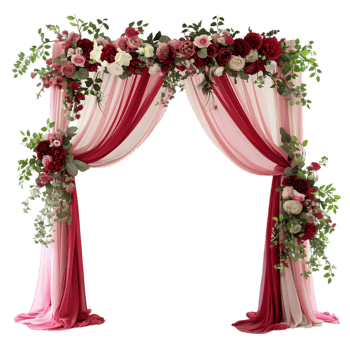 Romantic wedding arch with red and pink floral decorations isolated on a transparent background png