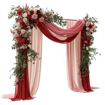 Romantic wedding arch with red and pink floral decorations isolated on a transparent background png