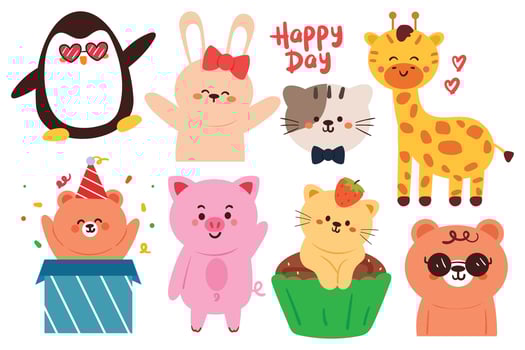 hand drawing cartoon animal sticker set. cute animal drawing, doodle set vector