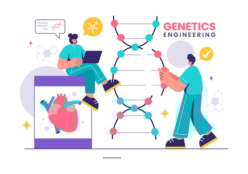 Vector Illustration of Genetic Engineering and DNA Modifications with Genetics Research or Experiment Scientists in a Flat Cartoon Style Background