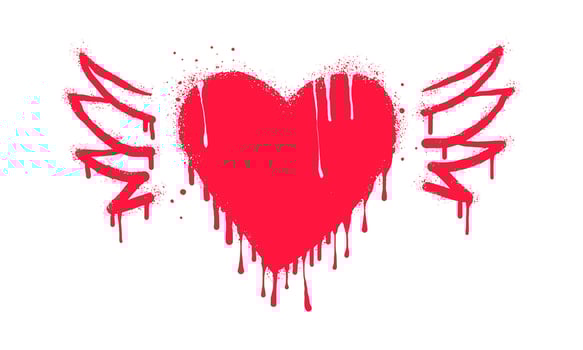 Spray painted graffiti flying heart with wings icon. Red over white. Heart with wings drip symbol. isolated on white background. vector