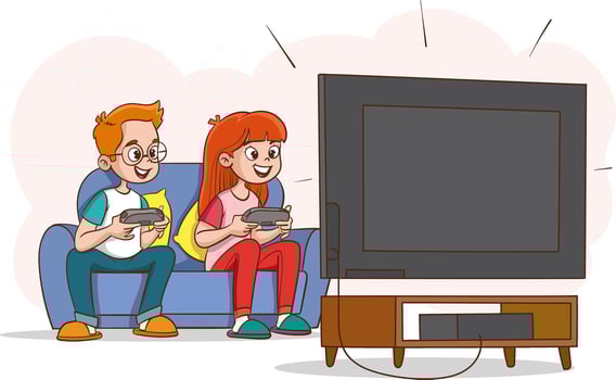 cute little boy play game on big screen vector