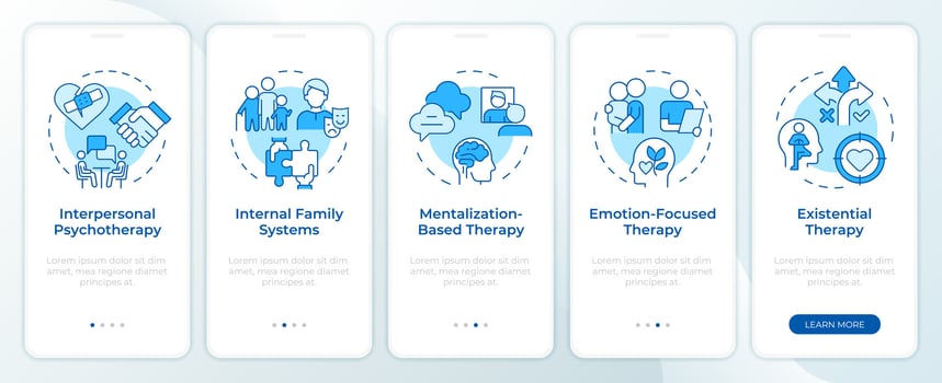 Mental counseling differences blue onboarding mobile app screen. Walkthrough 5 steps editable graphic instructions with linear concepts. UI, UX, GUI template vector