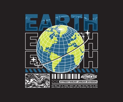 earth slogan with planet earth in grid illustration on black background for posters, fashion print design, streetwear, urban style t shirt design, hoodies, other creative uses. vector