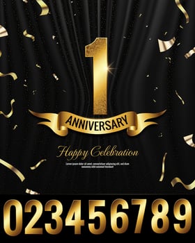 Elegant 1 Year Anniversary Celebration Banner template with Golden Numbers, ribbon, confetti and sparkling dot halftone glitters vector