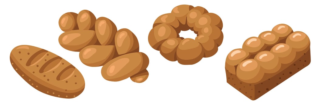 A set of colored bakery products, a natural illustration. Natural color scheme. loaf, basket, bagel. Delicious pastries from different types of products. Suitable for baking in cafes, bakeries. range vector