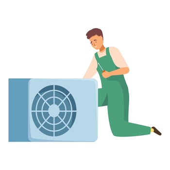 Technician repairing air conditioner using screwdriver kneeling on floor vector
