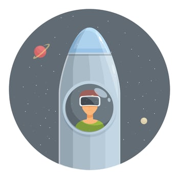 Young man wearing vr headset exploring space from rocket window vector