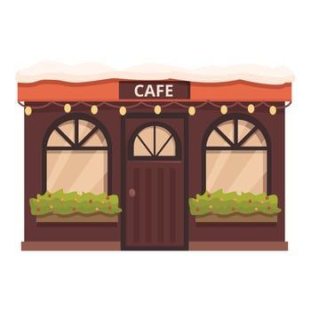 Cozy cafe building with christmas lights and snow on roof vector