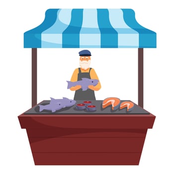 Fish market stall seller holding salmon offering fresh sea food vector