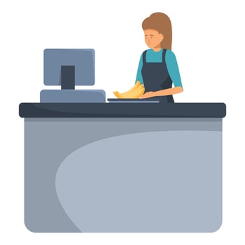 Cashier woman weighing bananas on a grocery store scale vector