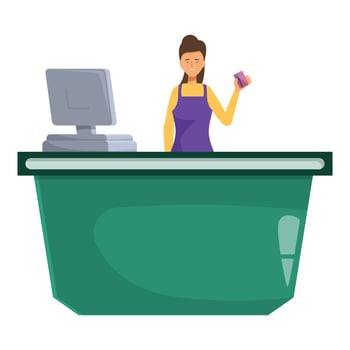 Cashier holding credit card standing at cash desk vector