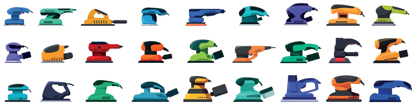 Electric sanding machine icons set. Vibrating sander tools set for woodworking polishing vector