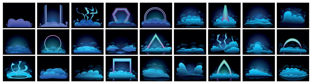 Ground blue smoke icons set. Futuristic portals with neon glowing shapes appearing from clouds on dark background vector