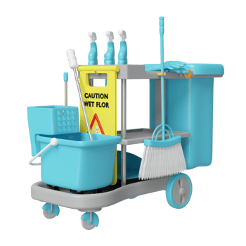 3d cleaning cart with broom, dustpan, mop, plastic bucket, rubber gloves, spray bottle, caution slippery sign isolated. cleaning tool equipment, 3d illustration render png