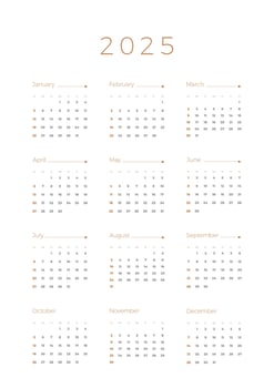 Annual calendar 2025 template on white background. Week starts on Sunday. Simple black and white 2025 calendar. Minimalist calendar design vector