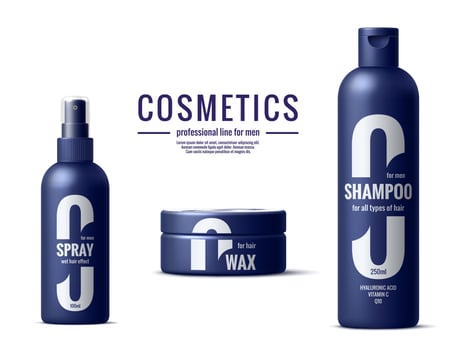 Shampoo, spray and hair wax package, men cosmetics vector
