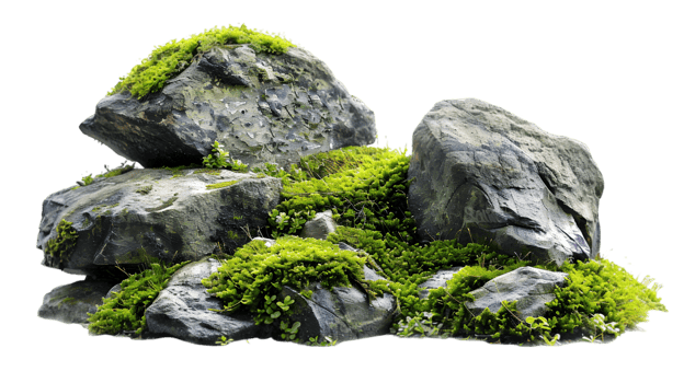 Moss-covered rocks isolated on a transparent background png
