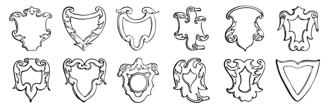 Hand drawn heraldic shields set vector