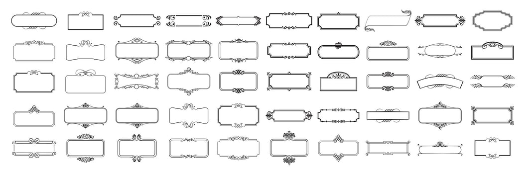 illustration set of 50 decorative vintage frames isolated. Art design border labels. Blank frames template. Graphic retro element vector