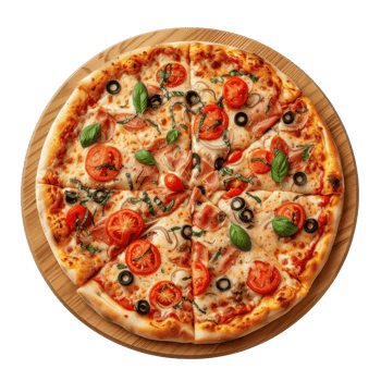 pizza with tomatoes, olives and black olives on a wooden plate png