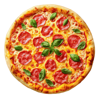 pizza with pepperoni and basil leaves on a transparent background png