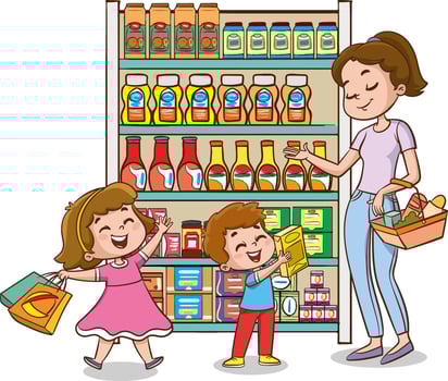Mother and Kids Navigating the Aisles of a Crowded Supermarket and Making Grocery Shopping a Fun Family Trip. Cartoon People Illustration vector