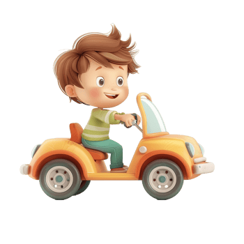 A boy kid playing with a toy car, childhood element, 3D illustration, vibrant colors, isolated on white background png