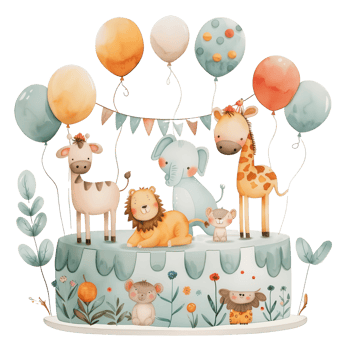 a baby shower cake topper, cute animal theme, watercolor illustration, soft colors, isolated on white background png