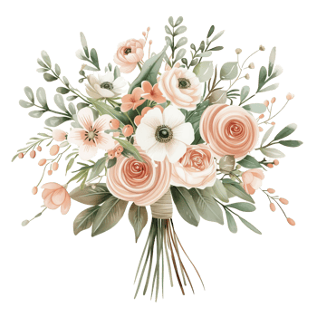 A wedding bouquet clipart, floral arrangement element, watercolor illustration, pastel tones, isolated on white background png
