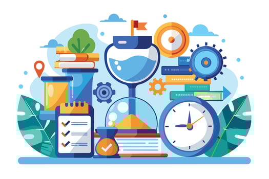A colorful illustration depicting time management with an hourglass, a clock, a checklist, and other related symbols. vector