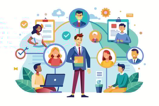 An illustration depicts a group of diverse business professionals collaborating and networking in a modern office setting. vector