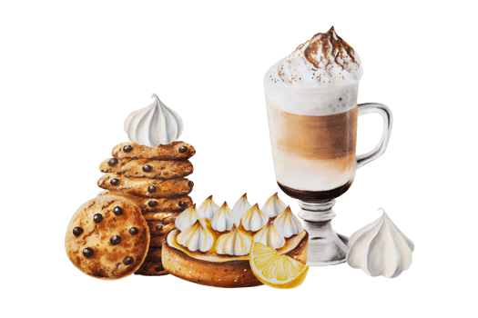 Fluffy foam latte with donut in glaz illustration. Coffee in a glass cup with blueberry. Watercolor hand painting doughnut on isolated background. For designers, menu, shop, bar, bistro, restaurant png