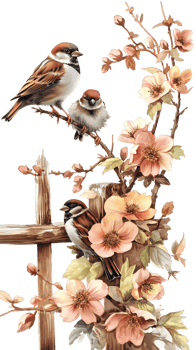 Birds sparrow with little chicks sitting on a wooden fence in the village garden surrounded by yab flowers they have a sunny day isolated on a transparent background png