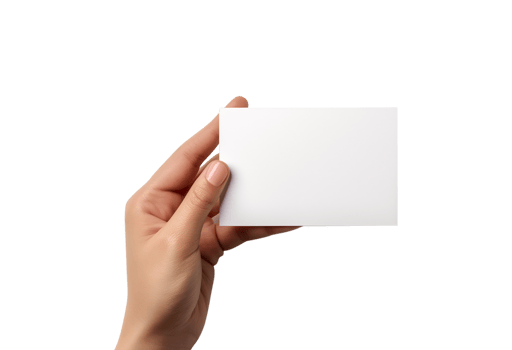 Business card mockup. Women hand holding recycled paper blank business card isolated on a transparent background png