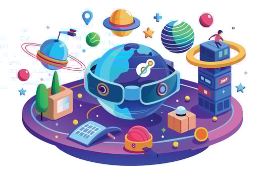 An illustration depicting a stylized Earth surrounded by planets and stars in a futuristic space setting. vector