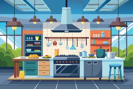 A colorful cartoon illustration depicting a modern kitchen interior with a stovetop, cabinets, and countertop. vector