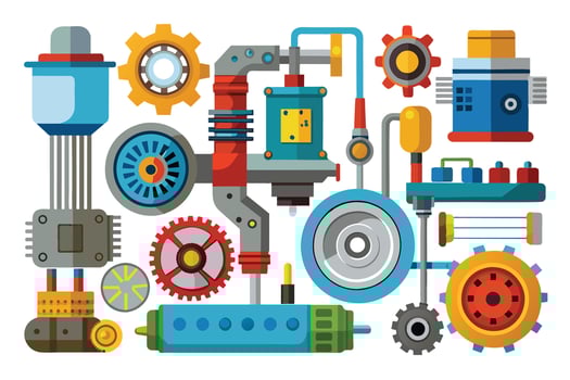 A detailed image of a complex machine with gears, pipes, and other mechanical parts. It is made up of various shapes and sizes, showcasing its intricacy. vector