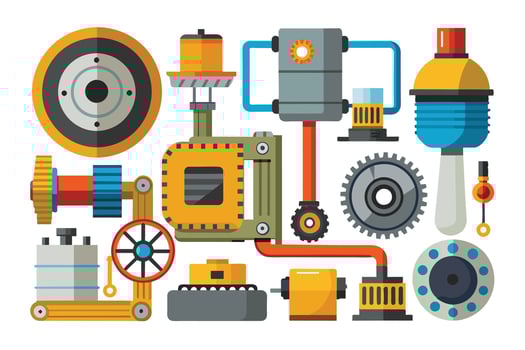 A digital illustration depicting a variety of colorful, stylized machine parts, including gears, wheels, pipes, and engines, all arranged in a complex, interconnected network. vector