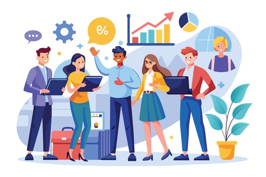 A diverse team of professionals celebrates their success with laptops, charts, and graphs indicating growth and profit. vector